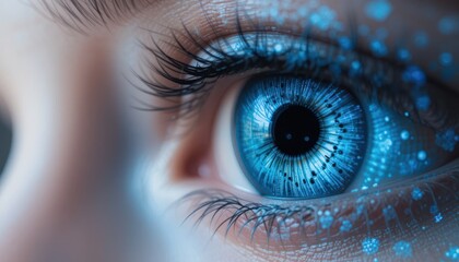 Close-up of a woman's profile with digital data overlay on her face. Futuristic, technology, and AI concepts merging human and digital elements.