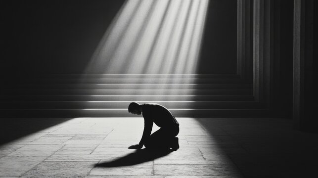 Man kneeling in sunlit hall, monochrome.