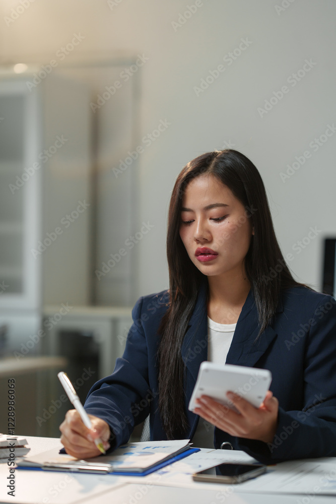 Poster focused businesswoman in a professional setting analyzing financial data using a calculator and taki