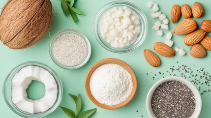Coconut, almond, chia seeds, and various flours arranged on green background create vibrant and healthy pantry display. Perfect for keto and low carb diets