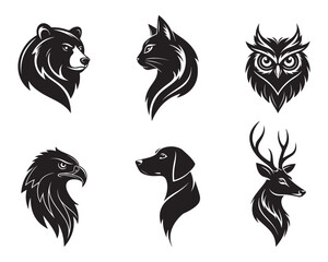 Collection of black and white tribal animal head illustrations featuring bear cat owl eagle dog and deer perfect for tattoos logos and wildlife branding © Sojib_Islam