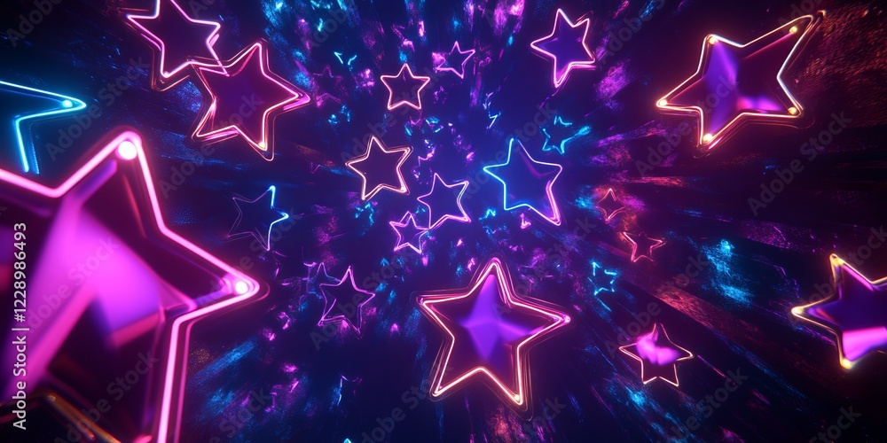 Poster neon glowing stars in a vibrant tunnel of light creating a futuristic and energetic atmosphere with 
