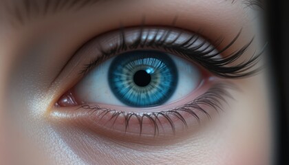 Obraz premium Close-up Woman's Blue Eye Detail, Studio Shot, Soft Focus Background