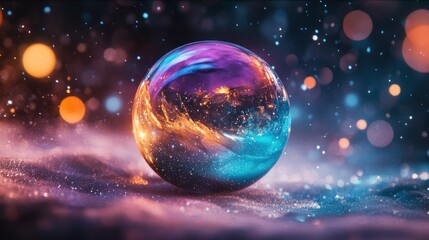 Colorful glass sphere reflecting city lights at night