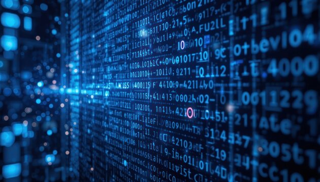 Digital code stream flowing, dark background, data security concept