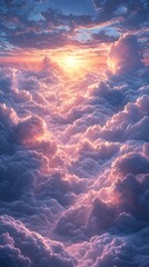 Dreamy abstract cloudscape with glowing white and pastel pink clouds blending into a deep blue sky