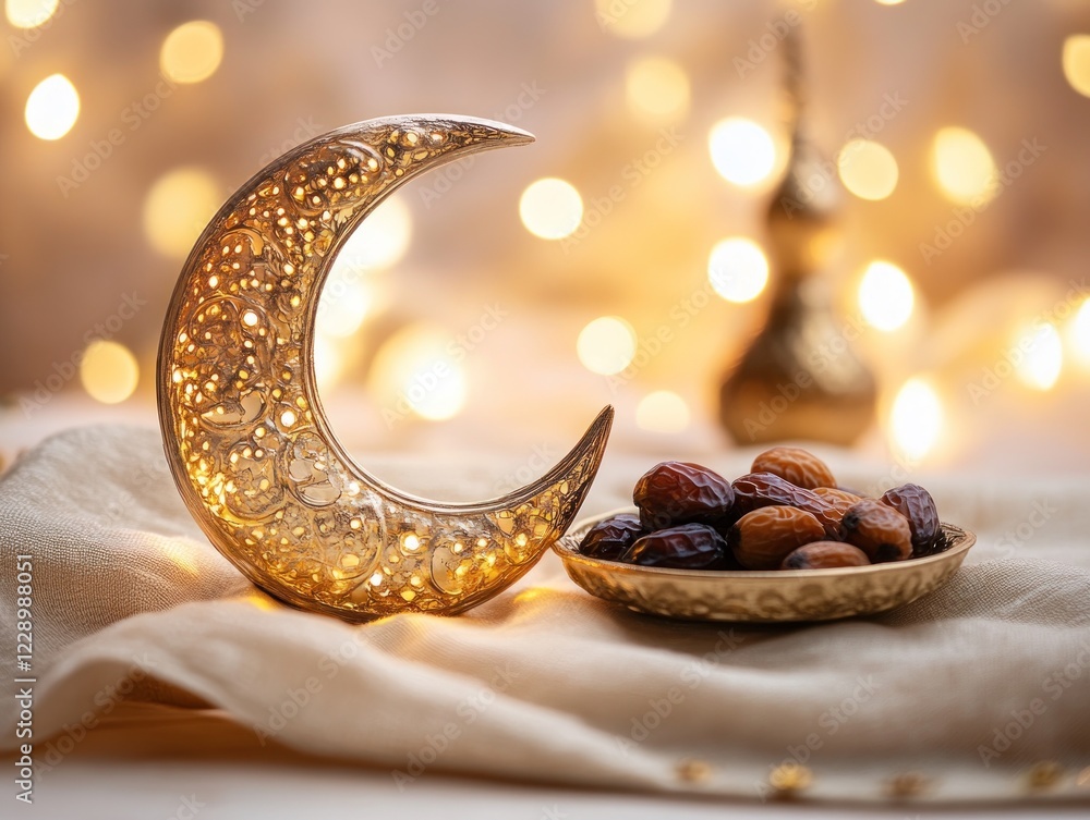 Poster ornate crescent moon and dates in a bowl on fabric with bokeh lights.