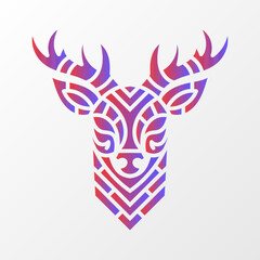 Modern deer head design with intricate geometric patterns in a red and purple gradient on a clean white background. Colorful Geometric Deer Head Illustration