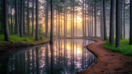 Sunrise mist over tranquil forest stream, reflecting golden light on calm water, path along the bank.