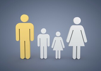 Family with two children, symbolic image for sole wage earner, married couples tax splitting, 3D illustration