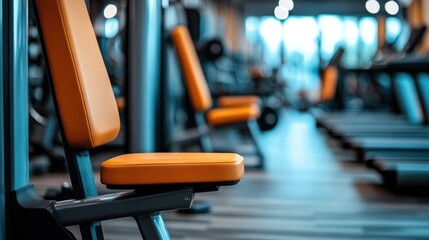 Fototapeta premium Orange gym equipment seats in modern fitness center.