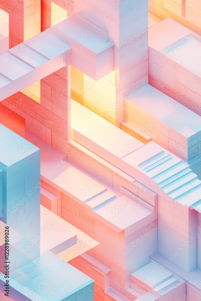 Poster a captivating abstract architectural design featuring geometric shapes and soft pastel lighting, cre