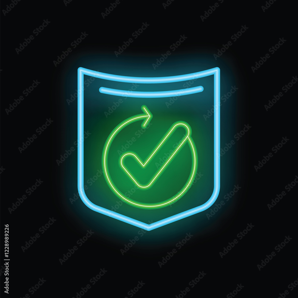 Poster glowing neon icon of a shield with a check mark and refresh arrow, symbolizing a secure and validate