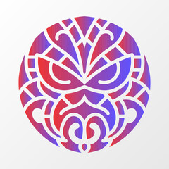 A vibrant geometric illustration of a circular tribal design, featuring intricate red and blue gradient patterns on a white background.