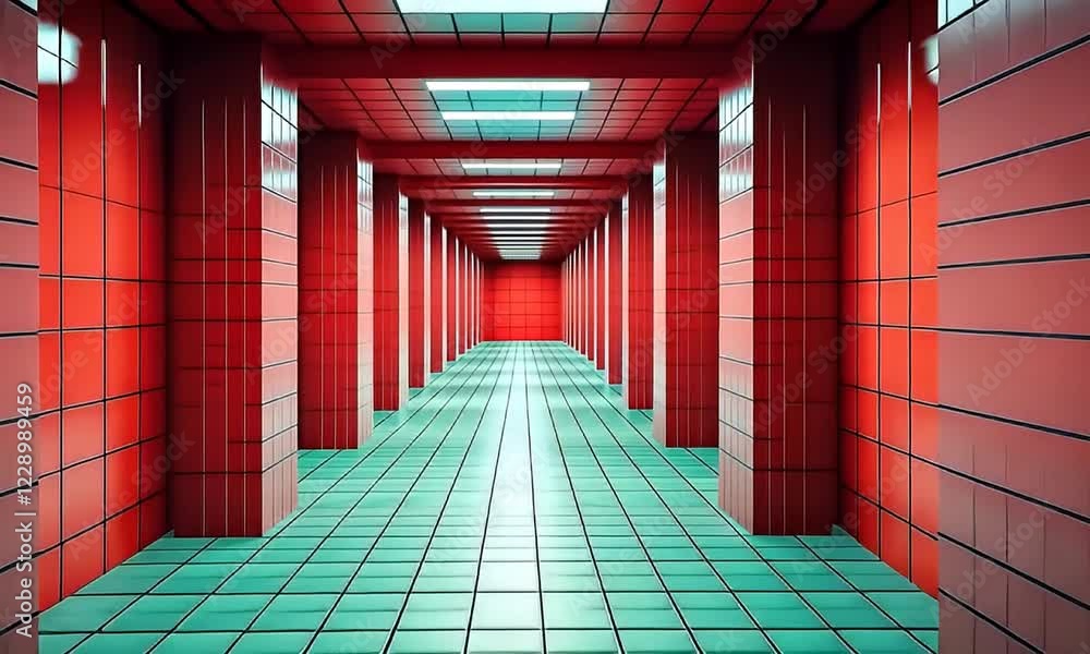 Poster red corridor, teal floor, futuristic architecture, background lights, design element