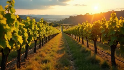 Golden Hour Vineyard Rows at Sunset A Serene Landscape of Lush Grapevines Basking in the Warm Evening Light