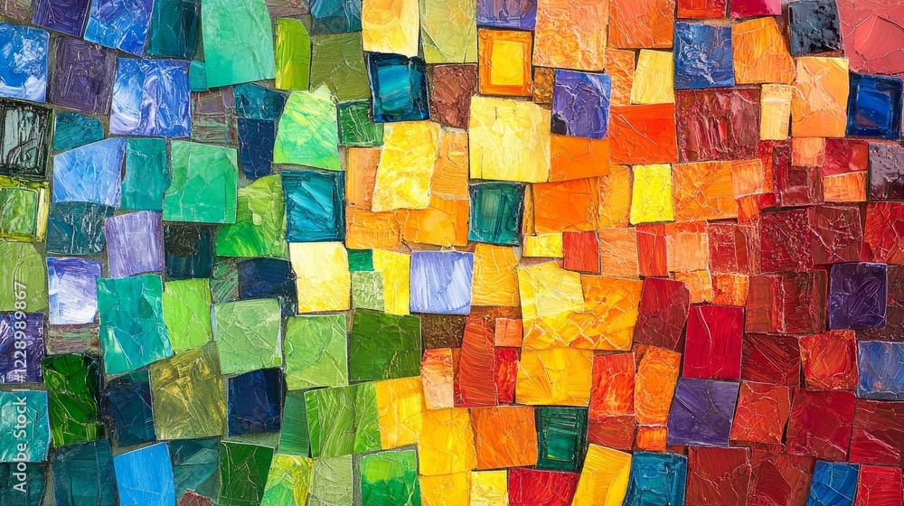 Poster colorful abstract mosaic with textured squares in a vibrant artistic pattern, showcasing a spectrum 