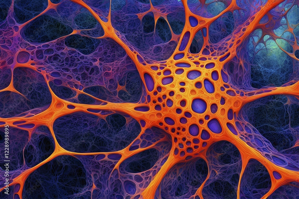 Poster abstract representation of neural networks modeled after the human brain with intricate web-like pat