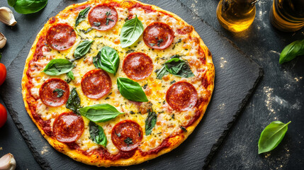 Delicious pizza topped with pepperoni and fresh basil on slate board, surrounded by garlic and tomatoes, perfect for cozy meal