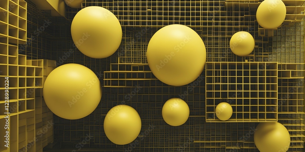 Fototapete abstract rendering of organic grid structure in a complex pattern in yellow color, ai generated