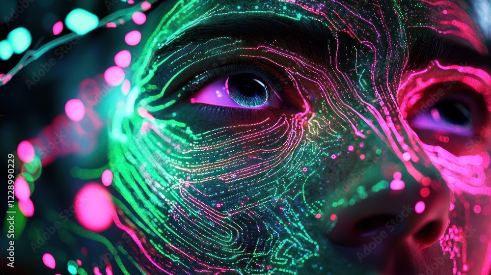 Poster close-up of a face with neon light patterns.