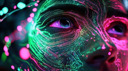 Naklejka premium Close-up of a face with neon light patterns.