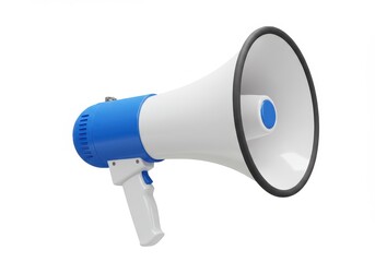 A modern blue and white megaphone with a sleek handle and wide speaker cone isolated on a white background