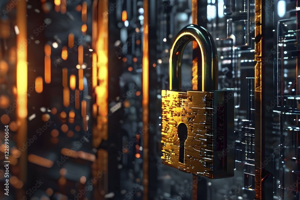 Poster ai generated broken digital padlock shattered on a reflective dark surface strewn with traces of bro