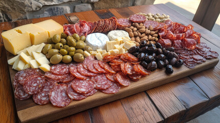 Keto friendly charcuterie board featuring cured meats, cheeses, olives, and nuts, beautifully arranged on wooden platter, perfect for gatherings and healthy snacking