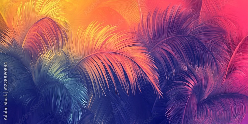 Poster a vivid abstract design featuring feather-like patterns in a blend of warm and cool colors, perfect 