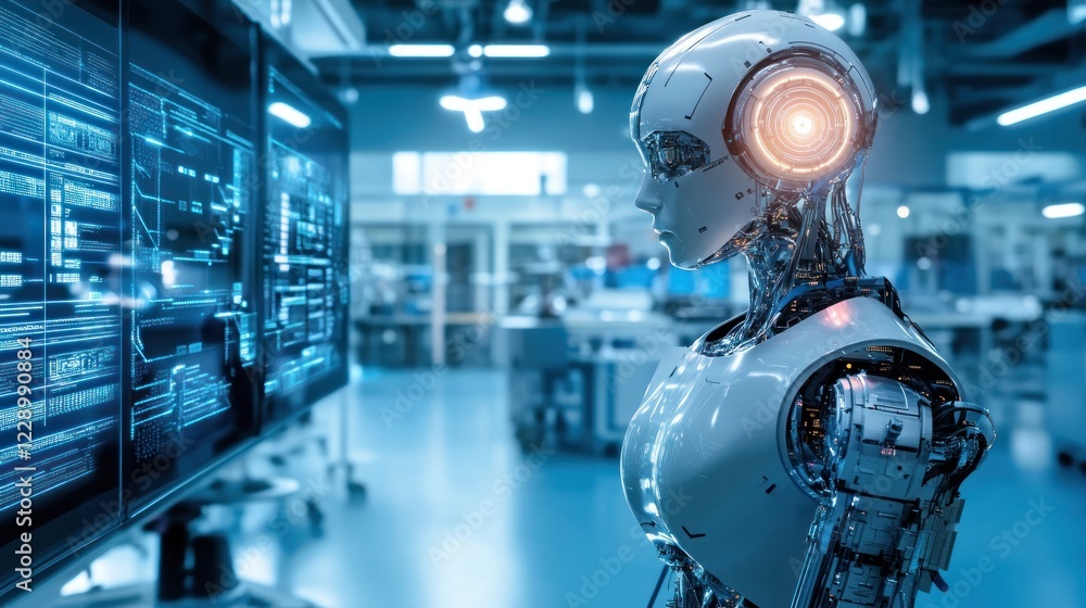 Poster futuristic robot analyzing data in high-tech lab