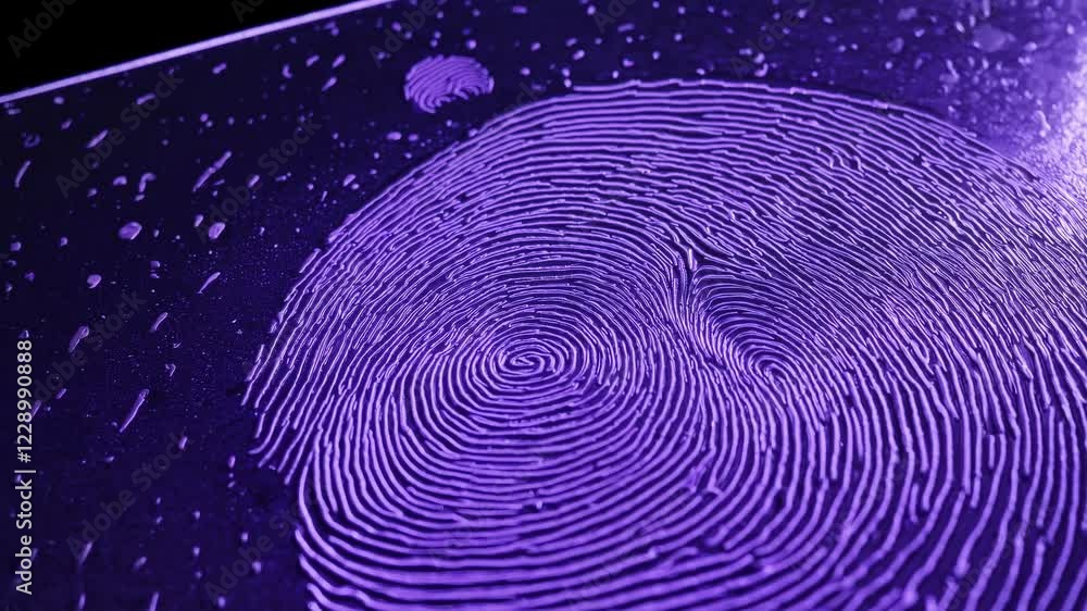 Aufkleber a blacklight effect revealing multiple fingerprints on a textured metal surface, with dramatic light