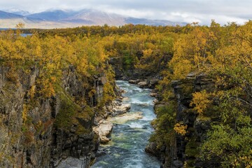 Autumnal Abisko Canyon, River Abiskojåkka, Abiskojakka, Abisko National Park, Norrbottens, Norrbottens län, Laponia, Lapland, Sweden, Europe