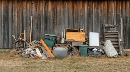 Pile of discarded items against wooden wall.