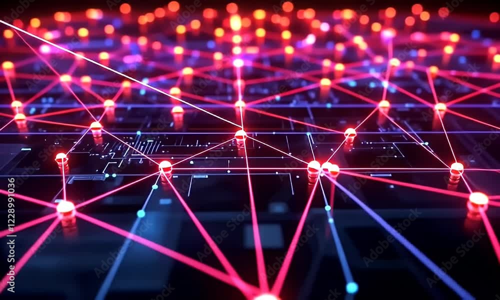 Poster global network nodes connecting digitally, glowing, circuit board background