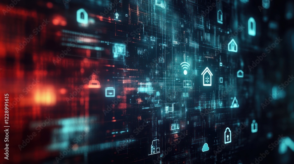 Poster abstract digital background with glowing icons representing smart home technology, security, and int