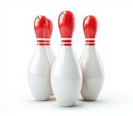 White bowling pins isolated, red stripes, studio shot, game
