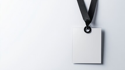 White blank square badge with black rope on white background.