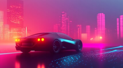 Fototapeta premium A car is driving down a road in a city. The car is black and has a red light on the front