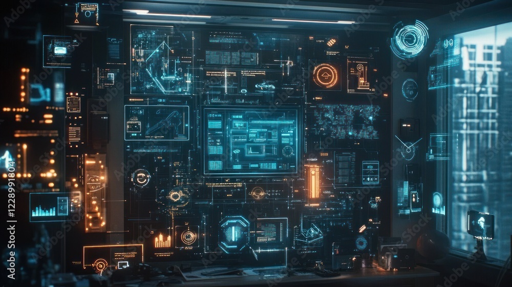 Aufkleber futuristic digital interface wall with glowing displays showing data, graphs, and charts in a dark r