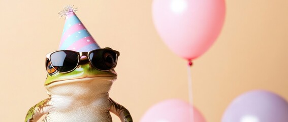 Cool frog wearing sunglasses and party hat with balloons. (1)