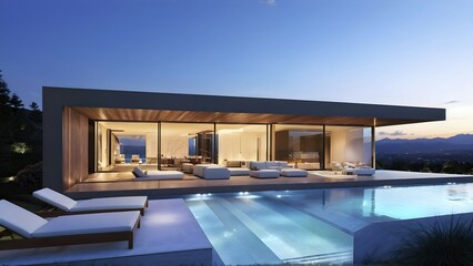 Obraz premium Luxurious wooden house with swimming pool reflecting the opulence of billionaires nestled in sumptuous surrounding, AI generated