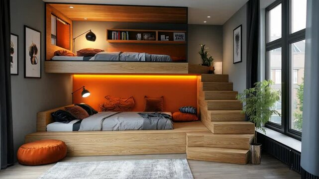 Modern Loft Apartment with Built-in Bunk Beds and Stylish Orange Accents