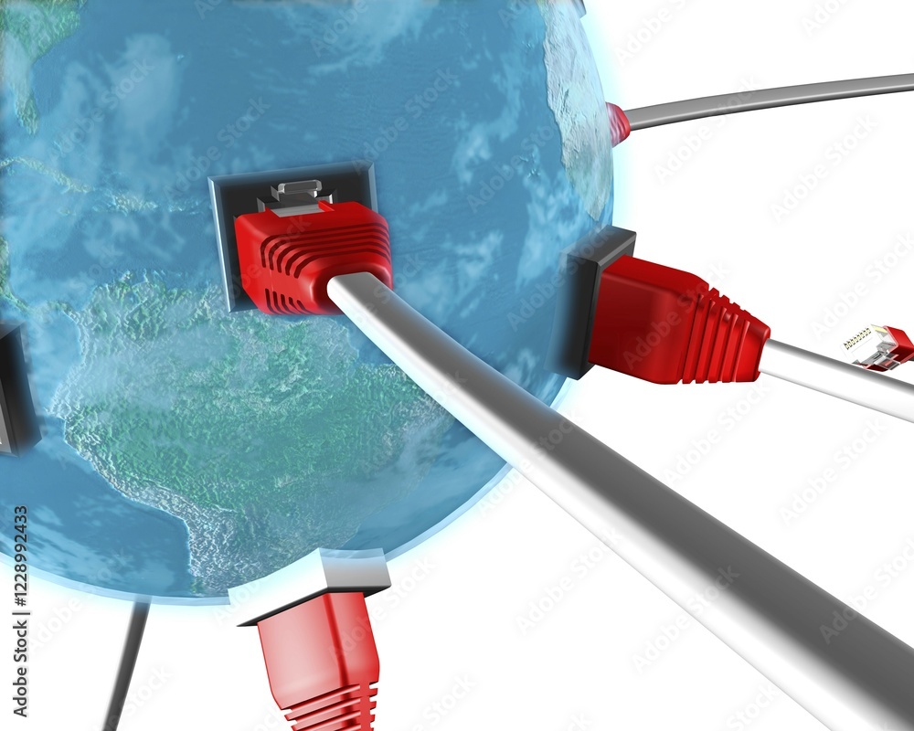 Poster conceptual 3d illustration of many network cable connectors plugging into a blue earth globe with so