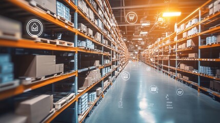 Fototapeta premium Modern warehouse interior with rows of shelves stocked with cardboard boxes and pallets.