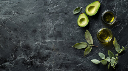 Fresh avocado slices and olive oil dark stone background create minimalist aesthetic. vibrant green of avocado contrasts beautifully with dark surface, evoking sense of health and natural beauty