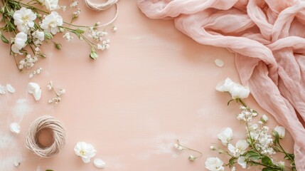 Fototapeta premium Flat lay of delicate white flowers, pink fabric, and twine on a peach background.