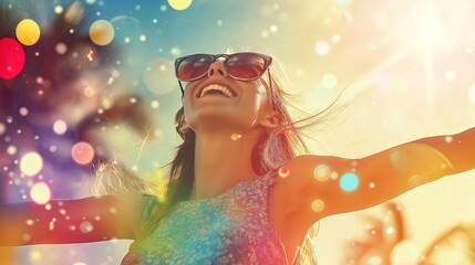 A woman is smiling and wearing sunglasses