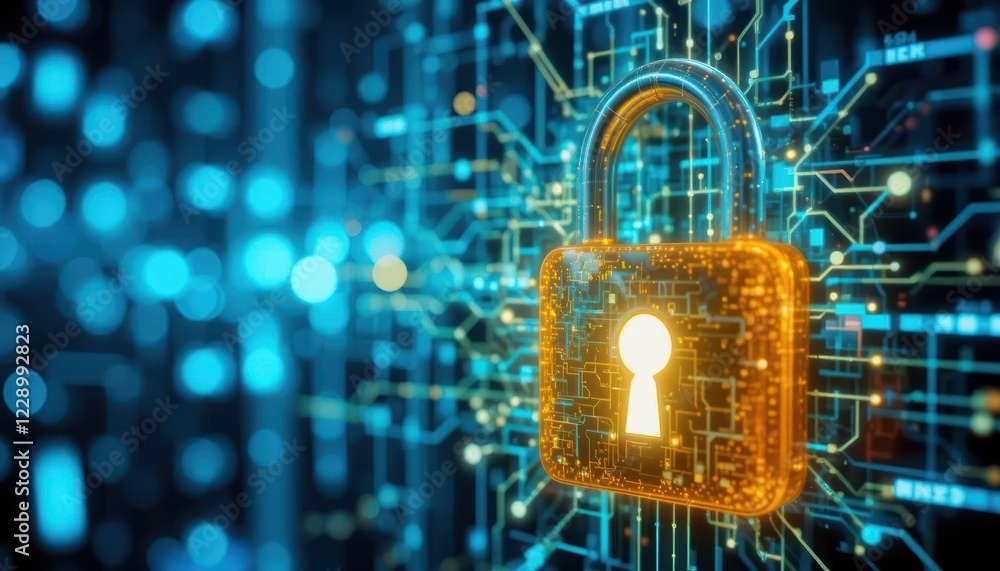 Poster cyber security lock in digital circuit background