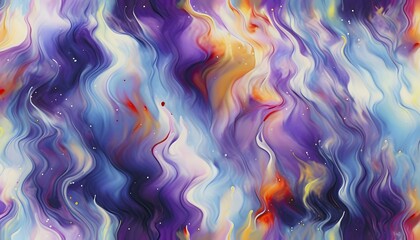 Abstract painting with fluid swirling pastel colors of purple, blue, green and yellow, AI generated